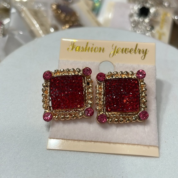 Pink Crystal Gold Square Stud Earrings - Picture 7 of 9